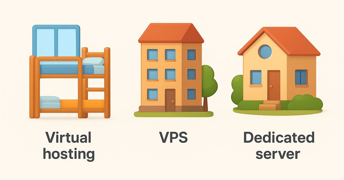 Аналогия: Виртуальный хостинг, VPS и Выделенный сервер